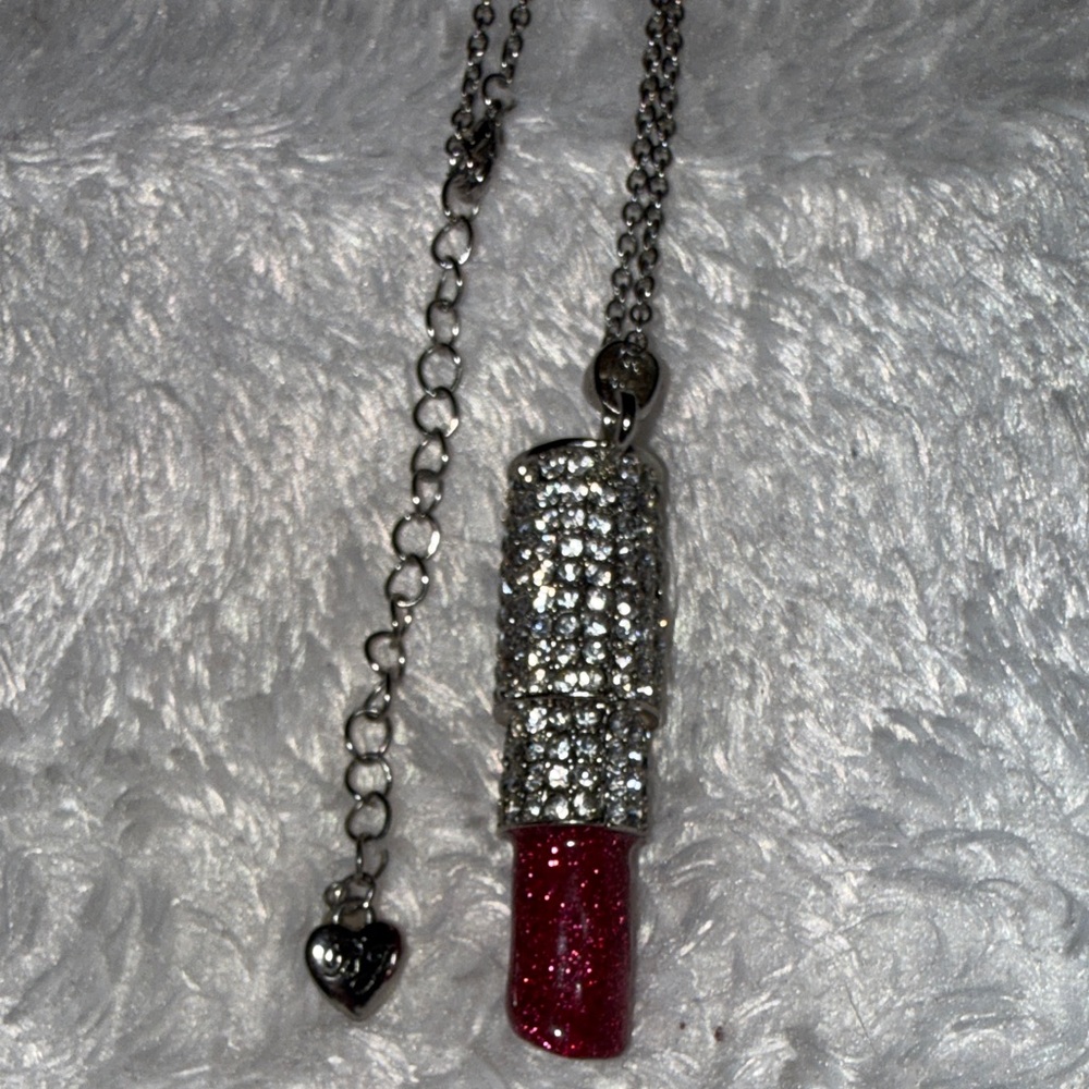 Betsy Johnson Glamorous Silver and Glitter Pink Lipstick Pendant Necklace